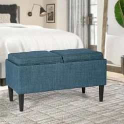 Cheap 😍 Adeco Storage Ottoman With Tray Lid Upholstered Fabric Rectangle Bench Blue 👍 -Adeco Shop Adeco Storage Ottoman with Tray Lid Upholstered Fabric Rectangle Bench 10
