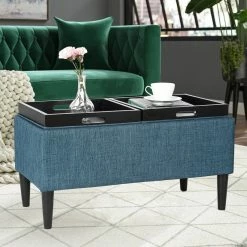 Cheap 😍 Adeco Storage Ottoman With Tray Lid Upholstered Fabric Rectangle Bench Blue 👍 -Adeco Shop Adeco Storage Ottoman with Tray Lid Upholstered Fabric Rectangle Bench 11