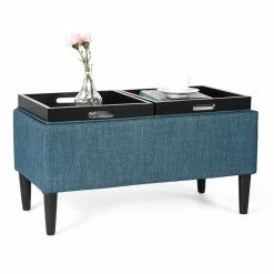 Cheap 😍 Adeco Storage Ottoman With Tray Lid Upholstered Fabric Rectangle Bench Blue 👍 -Adeco Shop Adeco Storage Ottoman with Tray Lid Upholstered Fabric Rectangle Bench 14