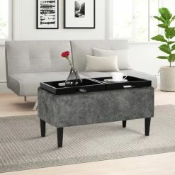 Cheap 😍 Adeco Storage Ottoman With Tray Lid Upholstered Fabric Rectangle Bench Blue 👍 -Adeco Shop Adeco Storage Ottoman with Tray Lid Upholstered Fabric Rectangle Bench 2