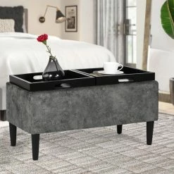 Cheap 😍 Adeco Storage Ottoman With Tray Lid Upholstered Fabric Rectangle Bench Blue 👍