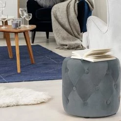 Brand new ✔️ Adeco Tufted Round Ottoman - Upholstered Ottoman Footstool Foot Rest Blue 🥰 -Adeco Shop Adeco Tufted Round Ottoman Upholstered Ottoman Footstool Foot Rest 13