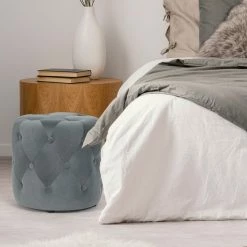 Brand new ✔️ Adeco Tufted Round Ottoman - Upholstered Ottoman Footstool Foot Rest Blue 🥰 -Adeco Shop Adeco Tufted Round Ottoman Upholstered Ottoman Footstool Foot Rest 14