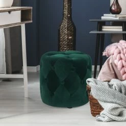 Brand new ✔️ Adeco Tufted Round Ottoman - Upholstered Ottoman Footstool Foot Rest Blue 🥰