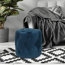 Brand new ✔️ Adeco Tufted Round Ottoman - Upholstered Ottoman Footstool Foot Rest Blue 🥰 -Adeco Shop Adeco Tufted Round Ottoman Upholstered Ottoman Footstool Foot Rest 7