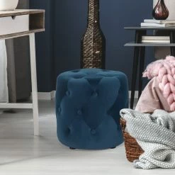 Brand new ✔️ Adeco Tufted Round Ottoman - Upholstered Ottoman Footstool Foot Rest Blue 🥰 -Adeco Shop Adeco Tufted Round Ottoman Upholstered Ottoman Footstool Foot Rest 8