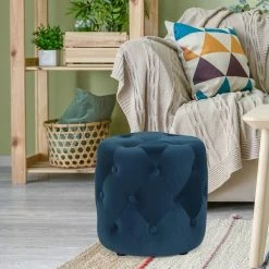 Brand new ✔️ Adeco Tufted Round Ottoman - Upholstered Ottoman Footstool Foot Rest Blue 🥰 -Adeco Shop Adeco Tufted Round Ottoman Upholstered Ottoman Footstool Foot Rest 9