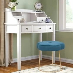 Hot Sale 🥰 Adeco Vanity Footrest Stool Velvet Round Ottoman Footstool Chair Seat Blue 🔔