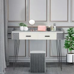 Cheap 😍 Adeco Vanity Makeup Table With 2 Drawers Organizer 👗 Dressing Shelves - Large Blue 😍 -Adeco Shop Adeco Vanity Makeup Table with 2 Drawers Organizer Dressing Shelves 11