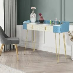 Cheap 😍 Adeco Vanity Makeup Table With 2 Drawers Organizer 👗 Dressing Shelves - Large Blue 😍 -Adeco Shop Adeco Vanity Makeup Table with 2 Drawers Organizer Dressing Shelves 2