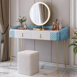 Cheap 😍 Adeco Vanity Makeup Table With 2 Drawers Organizer 👗 Dressing Shelves - Large Blue 😍