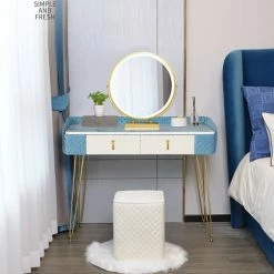 Cheap 😍 Adeco Vanity Makeup Table With 2 Drawers Organizer 👗 Dressing Shelves - Large Blue 😍 -Adeco Shop Adeco Vanity Makeup Table with 2 Drawers Organizer Dressing Shelves 3