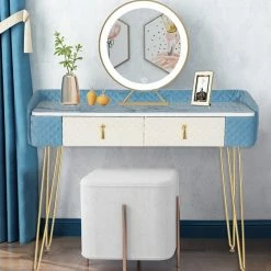 Cheap 😍 Adeco Vanity Makeup Table With 2 Drawers Organizer 👗 Dressing Shelves - Large Blue 😍 -Adeco Shop Adeco Vanity Makeup Table with 2 Drawers Organizer Dressing Shelves 4