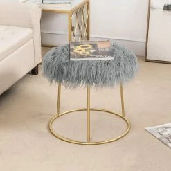 Budget 😉 Adeco Vanity Stool Chair Fluffy Ottoman Footrest Round Metal Base Grey 🔥 -Adeco Shop Adeco Vanity Stool Chair Fluffy Ottoman Footrest Round Metal Base 14