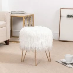Outlet 🛒 Adeco Vanity Stool Chair Soft Furry Footrest Stool Make Up Ottoman White 🥰