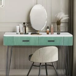 Best deal ⭐ Adeco Vanity Table With 2 Drawers Makeup Organizer 👗 Dressing Shelves - Large Blue 🎉 -Adeco Shop Adeco Vanity Table with 2 Drawers Makeup Organizer Dressing Shelves 12