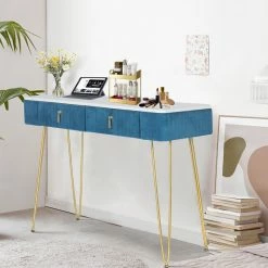 Best deal ⭐ Adeco Vanity Table With 2 Drawers Makeup Organizer 👗 Dressing Shelves - Large Blue 🎉 -Adeco Shop Adeco Vanity Table with 2 Drawers Makeup Organizer Dressing Shelves 2