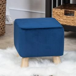 Cheapest 🥰 Adeco Blue Velvet Square Cube Footrest Ottoman With Wooden Legs 🛒