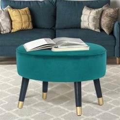 Cheap 😀 Adeco Velvet Foot Stool Oval Vanity Rest Ottoman Bench With Wood Legs 👏