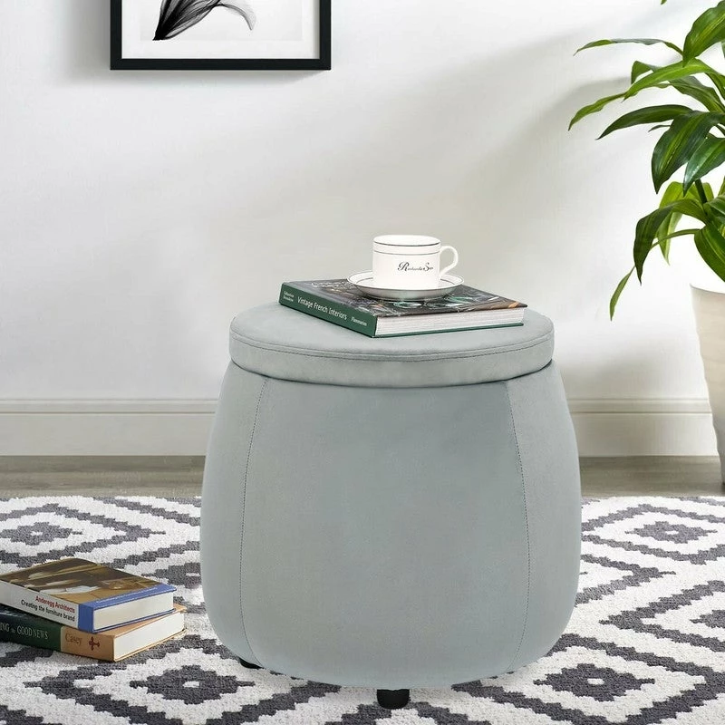 Promo 💯 Adeco Velvet Round Storage Ottoman With Removable Lid, Footrest Stool Navy 😀 4 Promo 💯 Adeco Velvet Round Storage Ottoman With Removable Lid, Footrest Stool Navy 😀 - Image 2