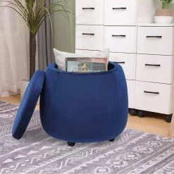 Promo 💯 Adeco Velvet Round Storage Ottoman With Removable Lid, Footrest Stool Navy 😀 22 Promo 💯 Adeco Velvet Round Storage Ottoman With Removable Lid, Footrest Stool Navy 😀 -Adeco Shop Adeco Velvet Round Storage Ottoman with Removable Lid2C Footrest Stool 5