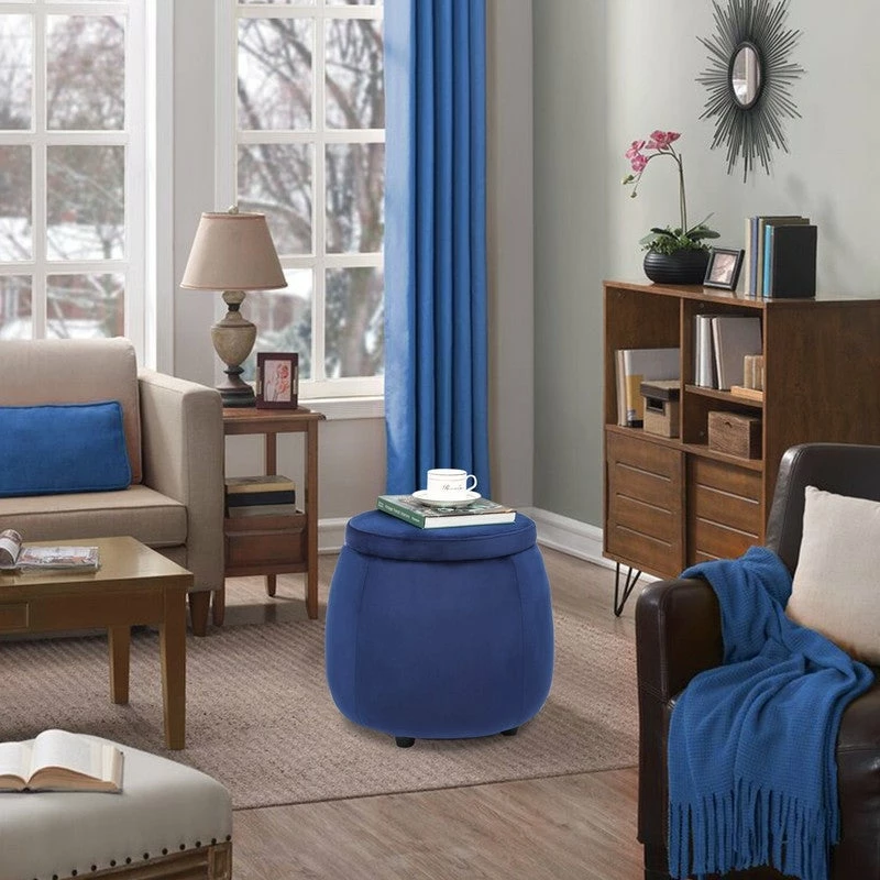 Promo 💯 Adeco Velvet Round Storage Ottoman With Removable Lid, Footrest Stool Navy 😀 9 Promo 💯 Adeco Velvet Round Storage Ottoman With Removable Lid, Footrest Stool Navy 😀 - Image 7