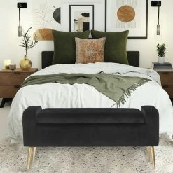 Best deal 👍 Adeco Velvet Upholstered Storage Entryway Bench Ottoman Metal Legs Black 💯 -Adeco Shop Adeco Velvet Upholstered Storage Entryway Bench Ottoman Metal Legs 12