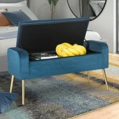 Best deal 👍 Adeco Velvet Upholstered Storage Entryway Bench Ottoman Metal Legs Black 💯 -Adeco Shop Adeco Velvet Upholstered Storage Entryway Bench Ottoman Metal Legs 3