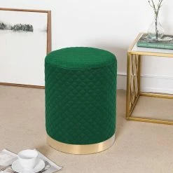 Promo 👍 Adeco Width Round Velvet Ottoman Footstool With Gold Trim Soft Compact Green 💯 -Adeco Shop Adeco Width Round Velvet Ottoman Footstool with Gold Trim Soft Compact 10