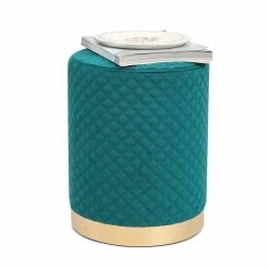 Promo 👍 Adeco Width Round Velvet Ottoman Footstool With Gold Trim Soft Compact Green 💯 -Adeco Shop Adeco Width Round Velvet Ottoman Footstool with Gold Trim Soft Compact 2