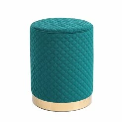 Promo 👍 Adeco Width Round Velvet Ottoman Footstool With Gold Trim Soft Compact Green 💯 -Adeco Shop Adeco Width Round Velvet Ottoman Footstool with Gold Trim Soft Compact 3