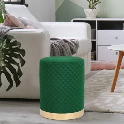 Promo 👍 Adeco Width Round Velvet Ottoman Footstool With Gold Trim Soft Compact Green 💯 -Adeco Shop Adeco Width Round Velvet Ottoman Footstool with Gold Trim Soft Compact 6
