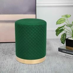 Promo 👍 Adeco Width Round Velvet Ottoman Footstool With Gold Trim Soft Compact Green 💯 -Adeco Shop Adeco Width Round Velvet Ottoman Footstool with Gold Trim Soft Compact 7