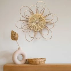 Best Sale ⭐ Adeco Wooden Farmhouse Flower Hand Knitted Raffia Straw Wall Decor 🔔